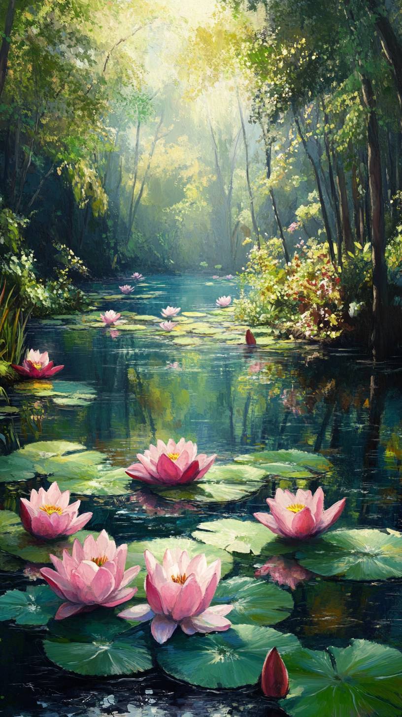 Hidden forest pond, blooming water lilies, dappled light, peaceful retreat