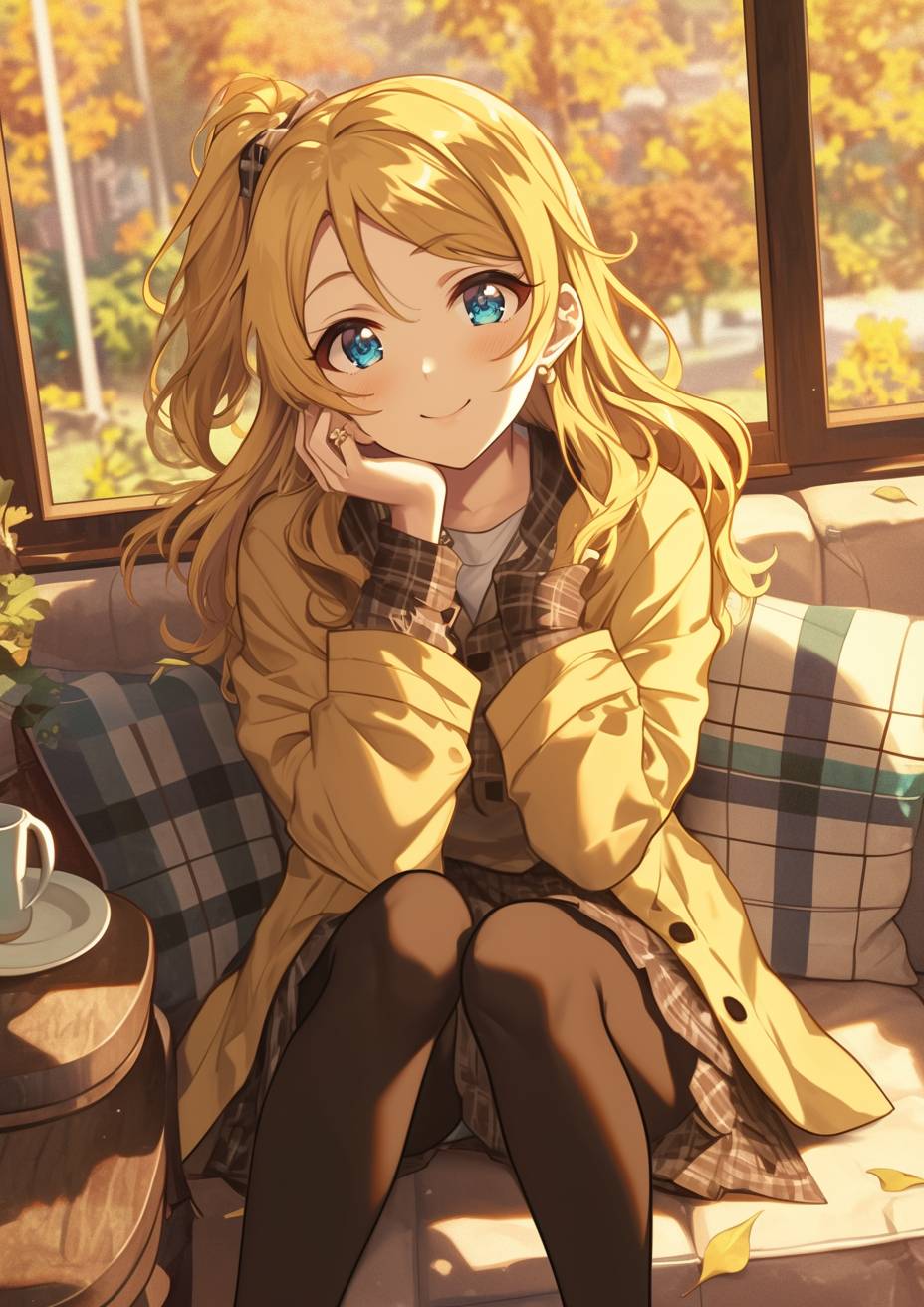 Mami Tomoe ist im gemütlichen, schicken Stil mit gelbem Cardigan und schwarzen Hosen, sitzt an einem Café-Tisch, trinkt Tee und lächelt ruhig.