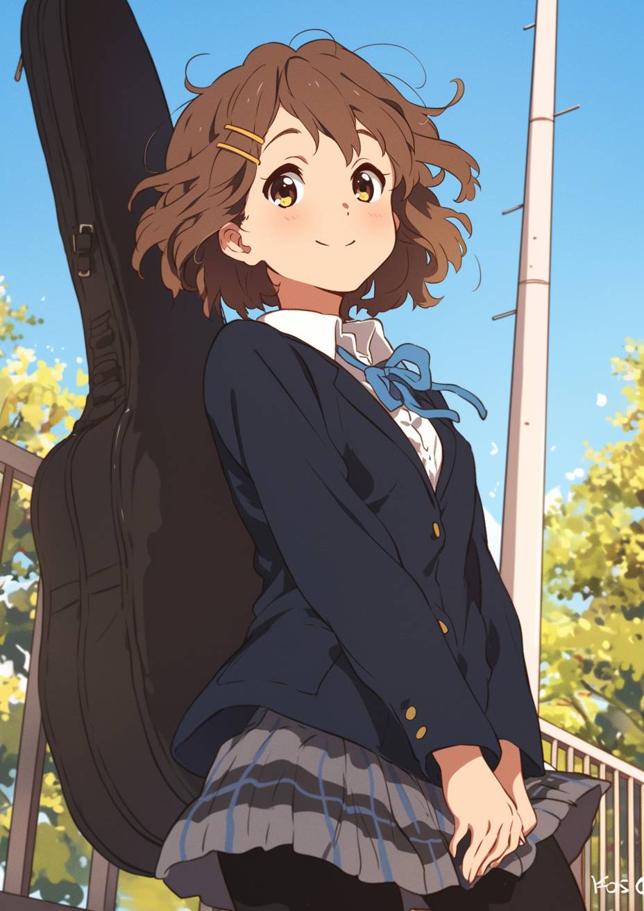 Yui Hirasawa dans une tenue scolaire décontractée, portant une housse de guitare, souriant dans le couloir de l'école.