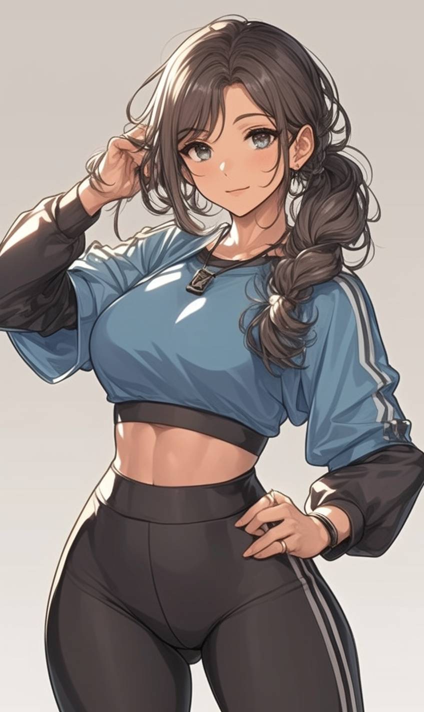 Ein Fitness-Anime-Mädchen in schwarzen Leggings mit seitlichen Streifen und einem kurzen Tanktop, das eine muskulöse, aber feminine Statur zeigt, während sie mit einer fokussierten Ausstrahlung Hanteln hebt.