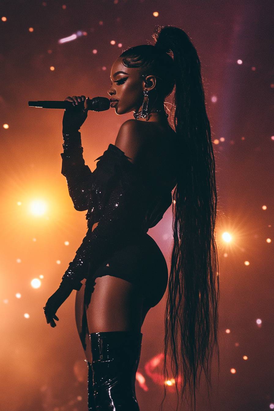 Uma garota em um traje de performance de palco no estilo Normani, com um rabo de cavalo longo e botas acima do joelho.