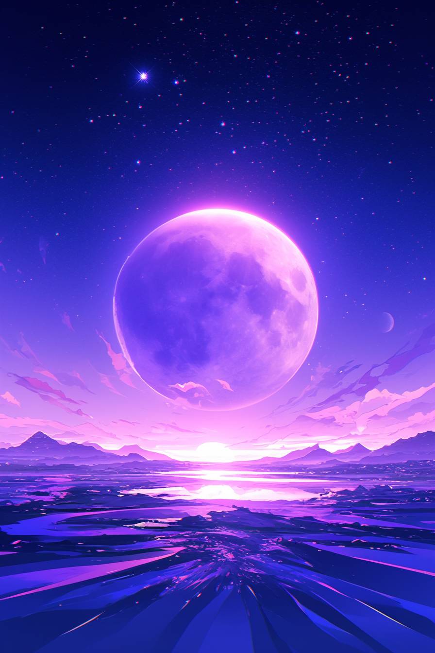 Lune purple néon sur un fond étoilé sombre, design minimaliste mais frappant.