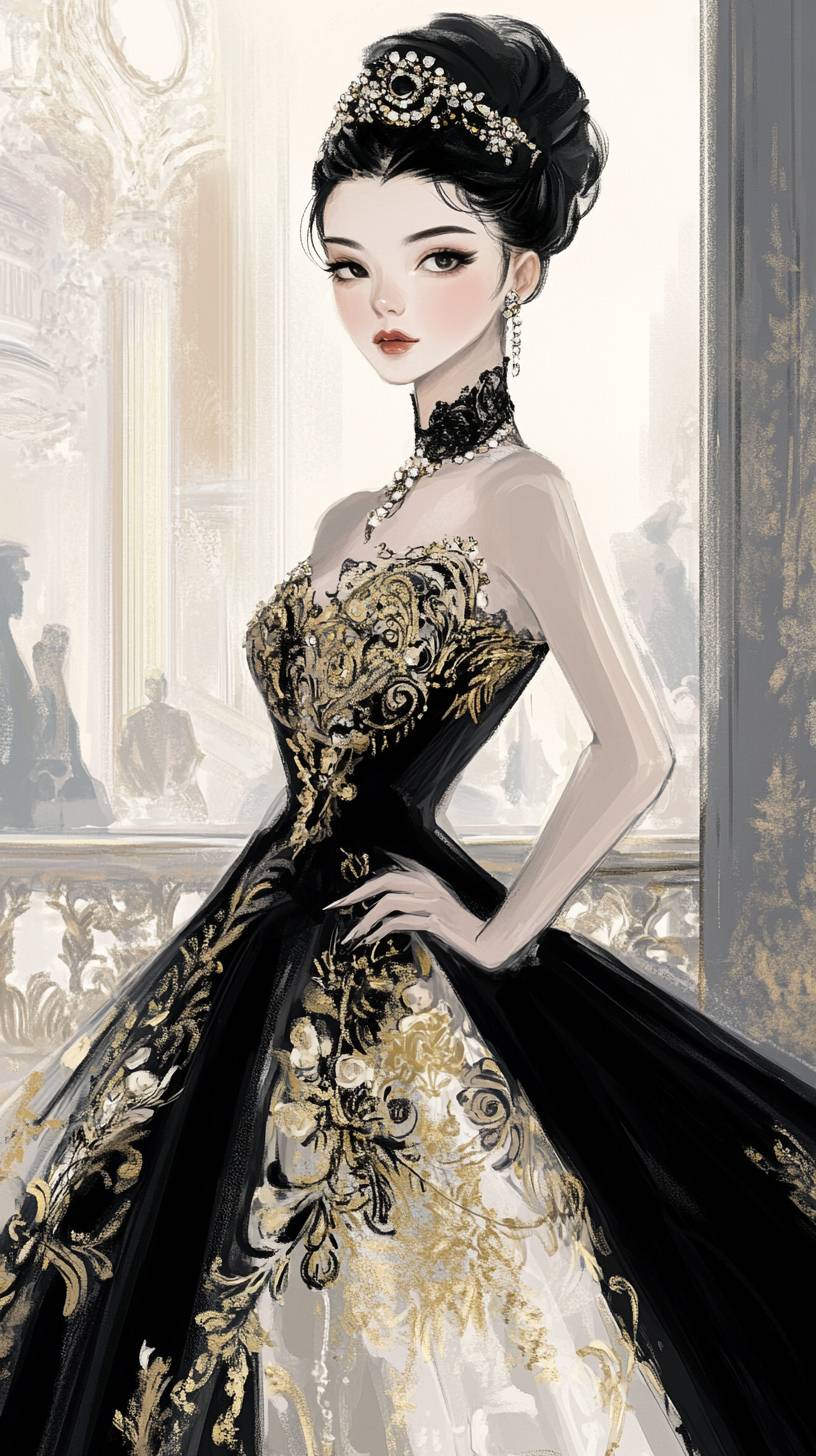 A girl wears a dramatic haute couture gown in Fan Bingbing style, with royal jewelry and an elaborate updo in a palace setting.