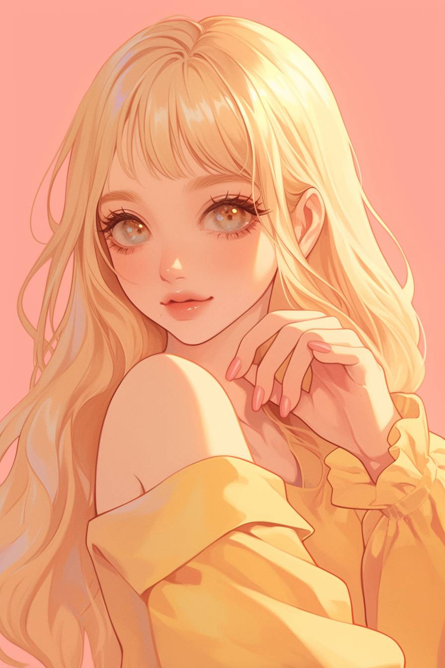 Cute anime girl, soft peach tones, clean lines and gentle curves