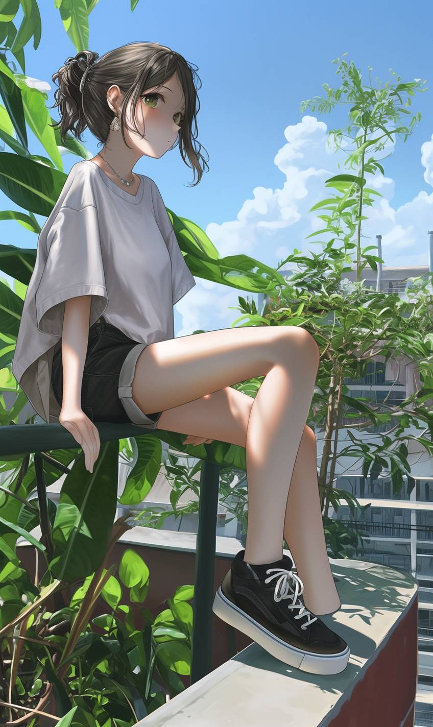 A girl in a rooftop garden wearing a relaxed vintage t-shirt, cuffed shorts, platform sneakers, a silver necklace, and a messy updo.