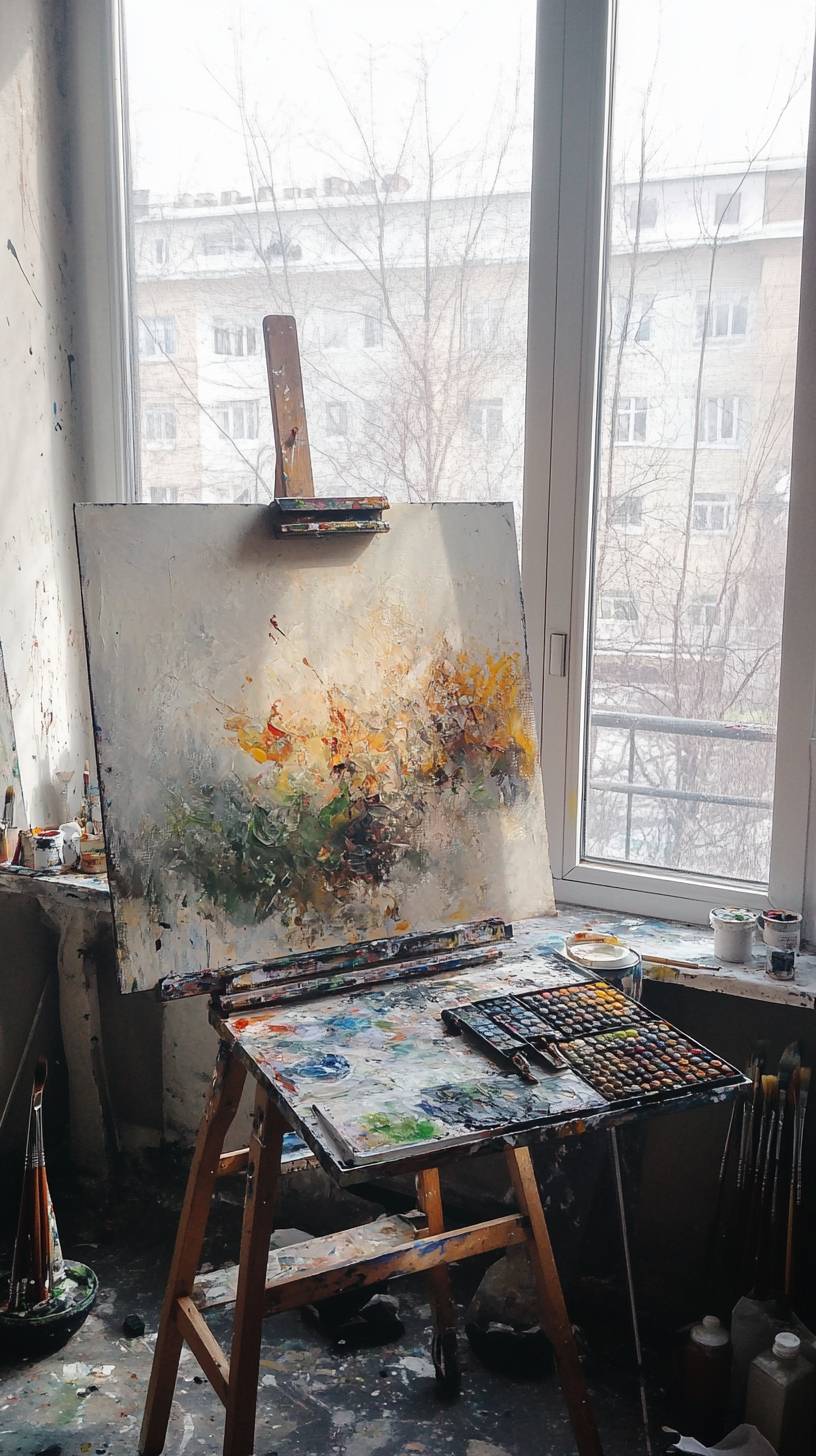 Artist's atelier with oil paints, brushes, half-finished canvas, and large windows letting in natural light.