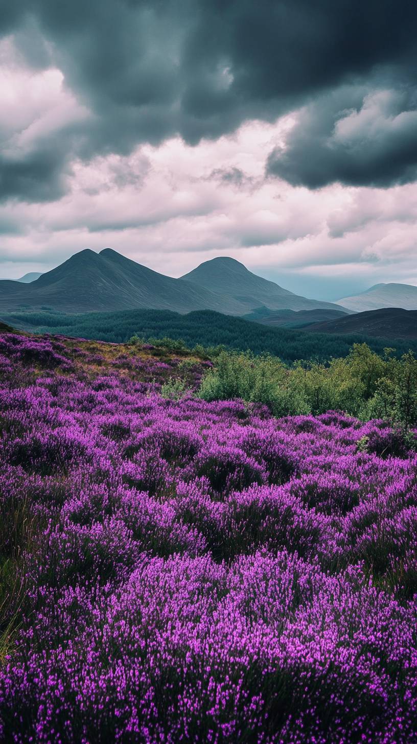 O urze das terras altas escocesas floresce em colinas onduladas e nuvens dramáticas.