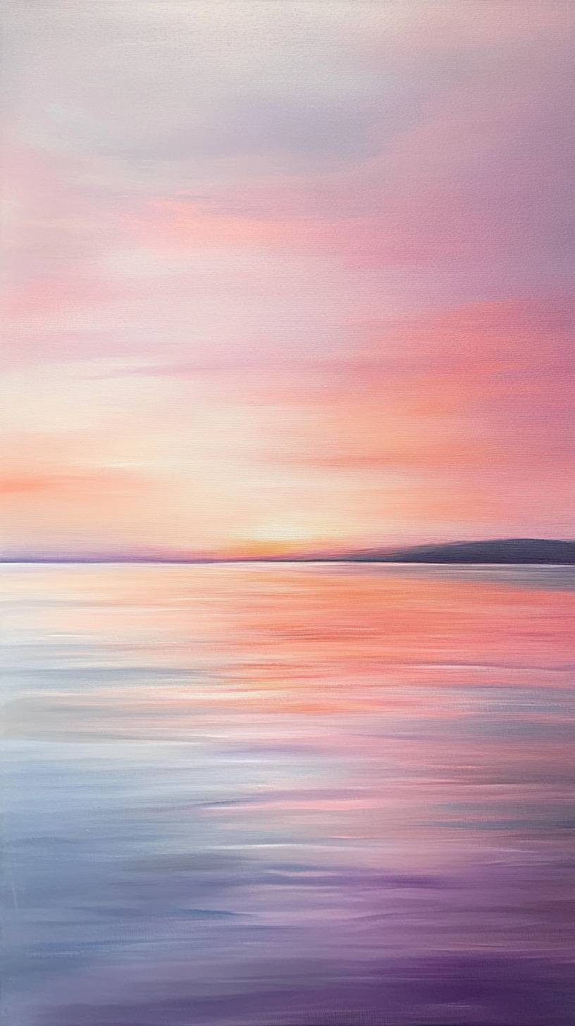 Soft pinks and purples transition to gentle oranges, reflected on calm ocean waters for a tranquil and harmonious vibe.