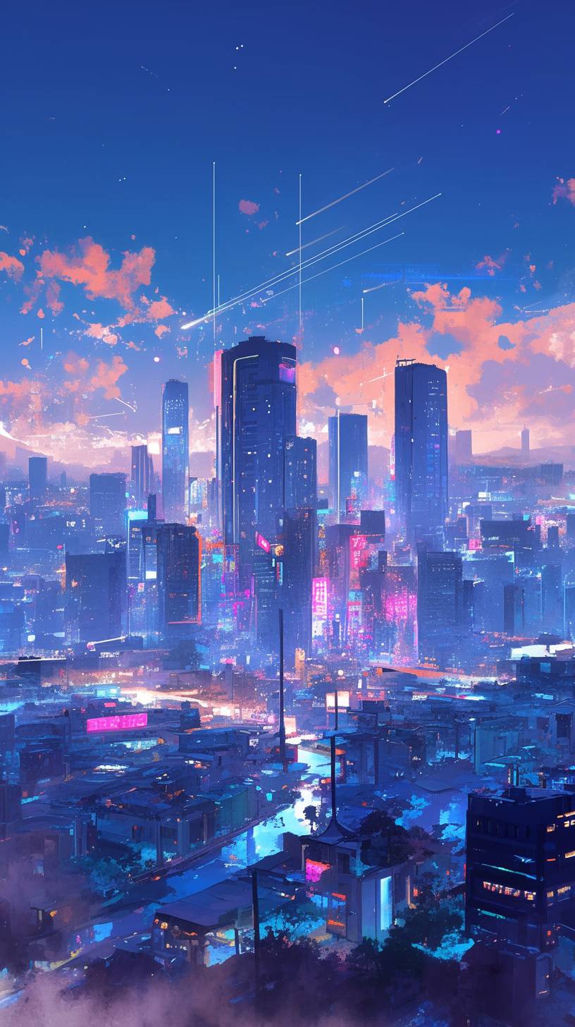 Futuristic city skyline with neon lights and sleek modern look in pink, blue, and orange accents.