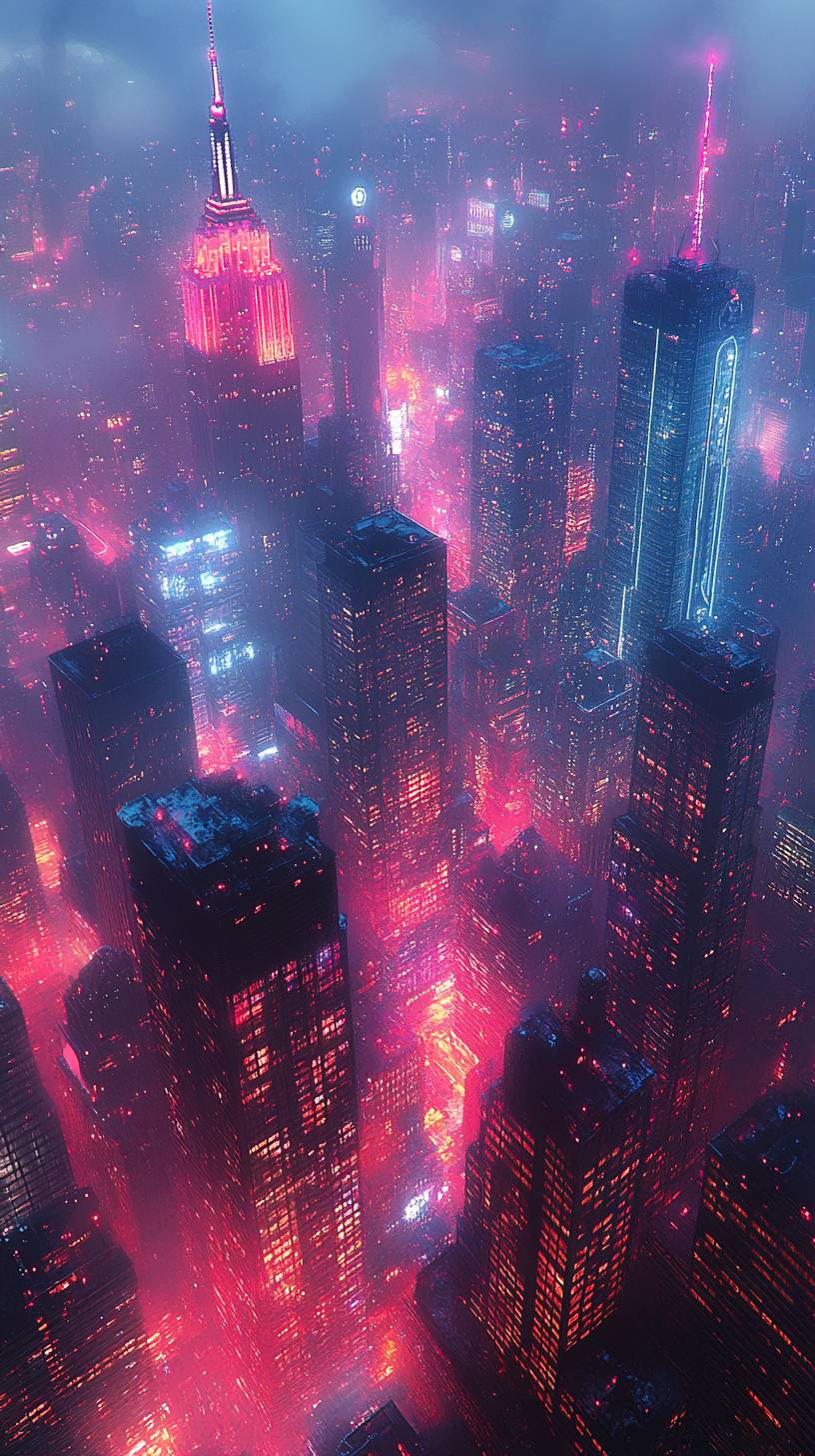 High-quality smartphone wallpaper featuring a futuristic cityscape at night with glowing skyscrapers and neon lights.