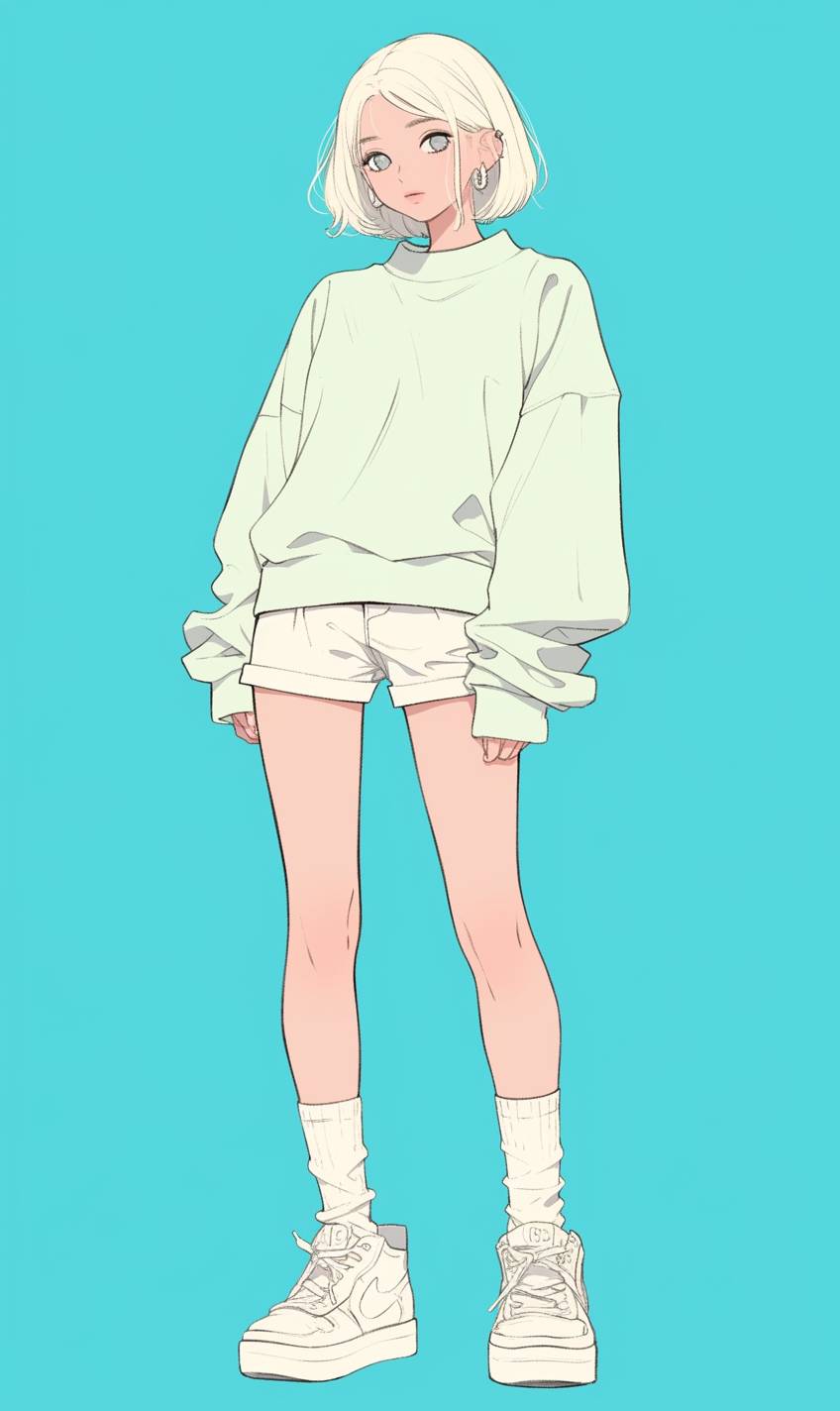 Chica de anime con un suave suéter de gran tamaño en tonos pastel, pantalones cortos blancos de cintura alta y zapatillas blancas clásicas, mostrando un estilo casual y chic.