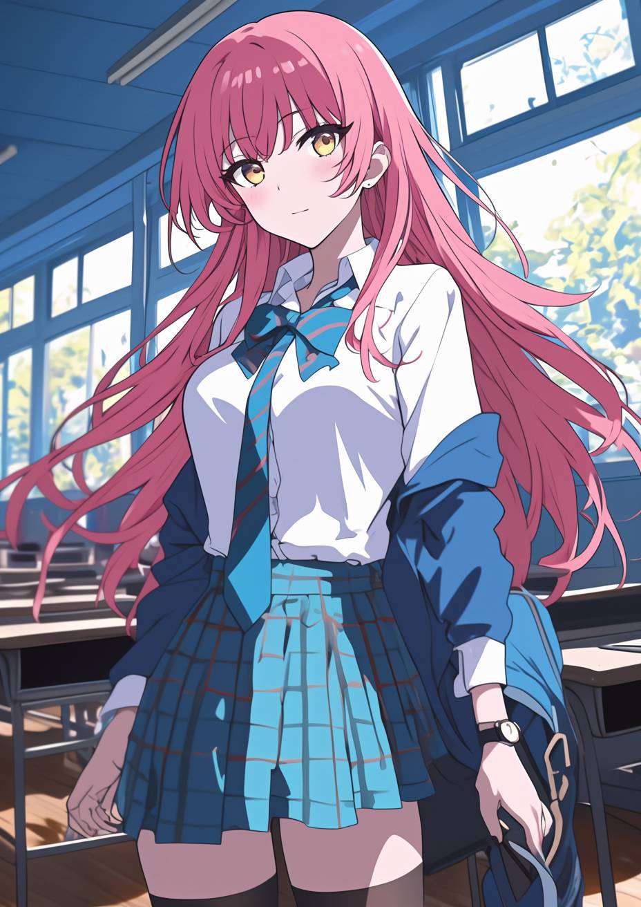 Hinagiku Katsura is dressed in modern school attire, showing a calm and confident expression.