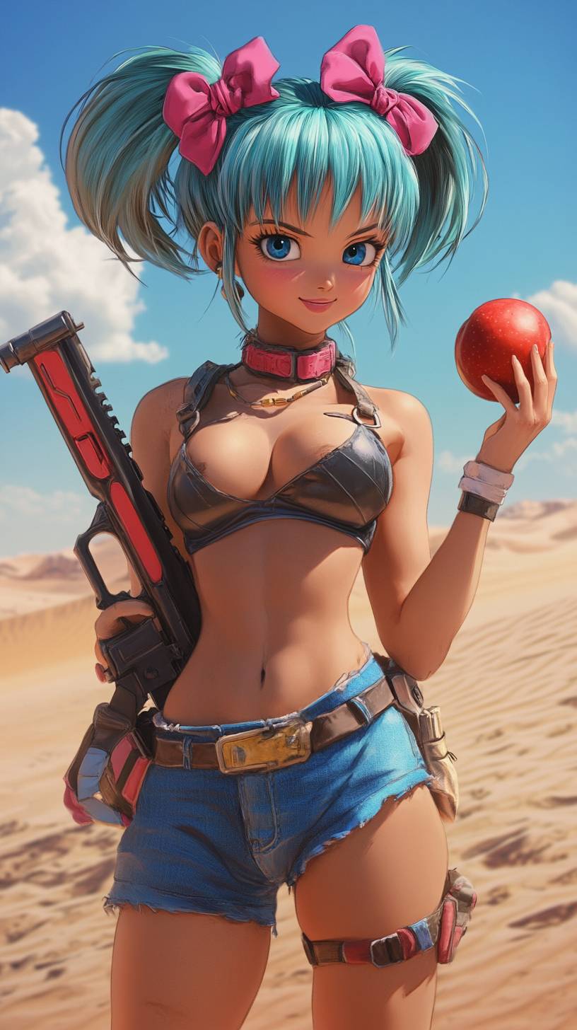 Bulma aus Dragon Ball Z ist in der Wüste, hält einen Apfel und trägt blaue Shorts mit einem kleinen Gewehr über der Schulter.