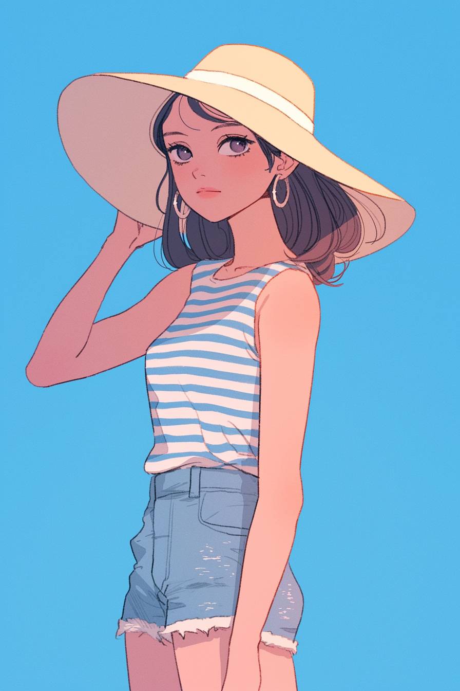 Cartoon girl in a sleeveless striped top, high-waisted denim shorts, and chic white espadrilles, perfect for a casual summer look.