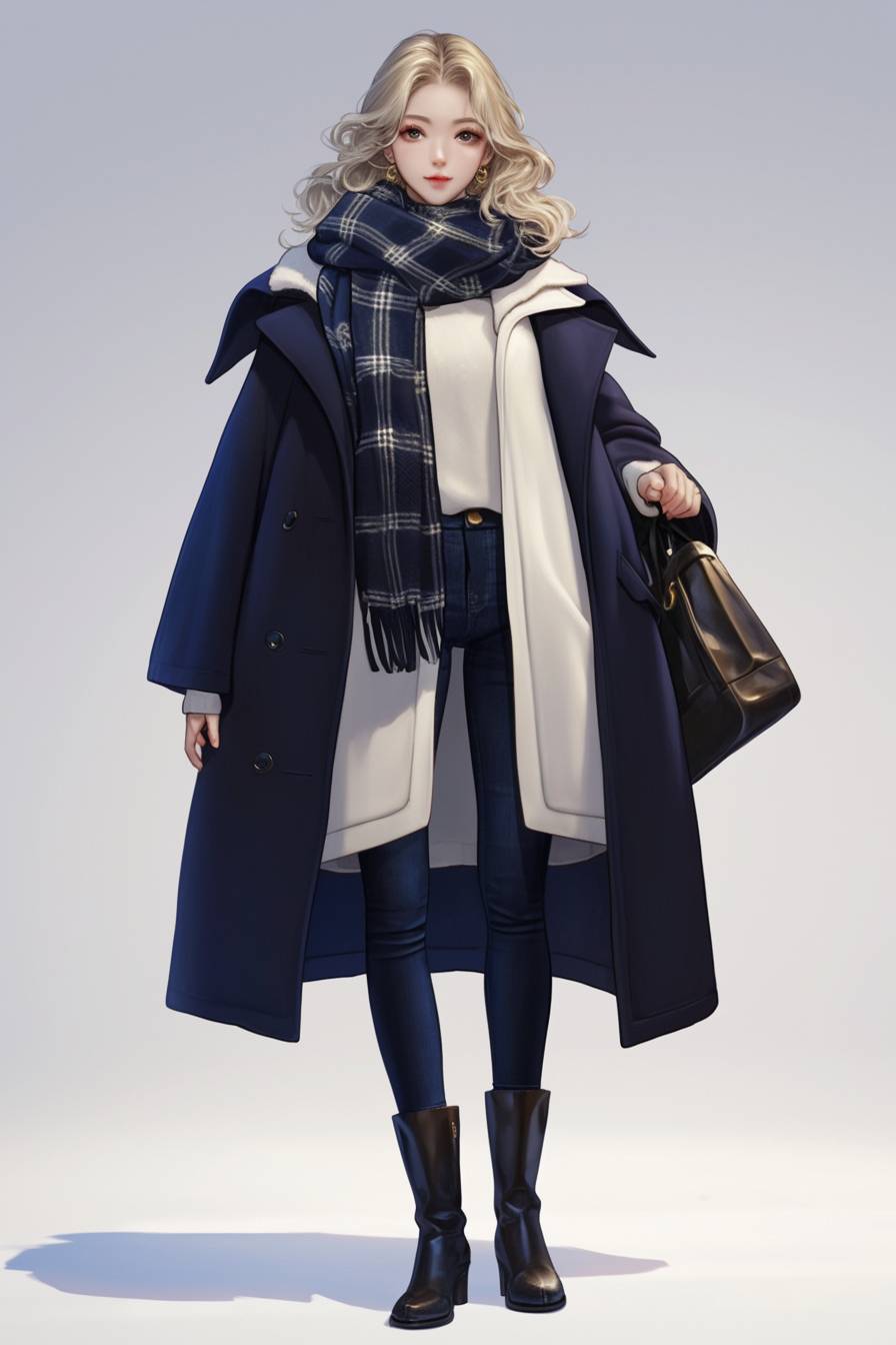 The CG realistic anime girl is wearing a navy blue pea coat, white sweater, and plaid scarf.