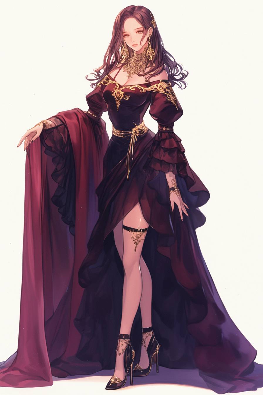 An elegant anime girl in a velvet dress with statement jewelry and stilettos, set against an evening gala background.