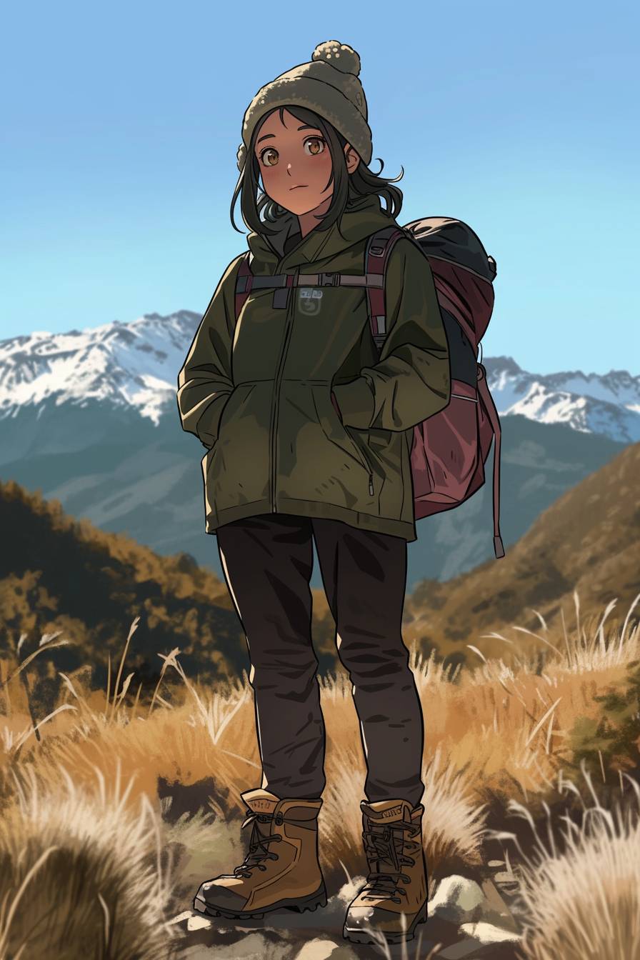 女孩穿着Patagonia抓绒衣、徒步裤和Merrell靴，展现户外探险风格，背景是山脉。