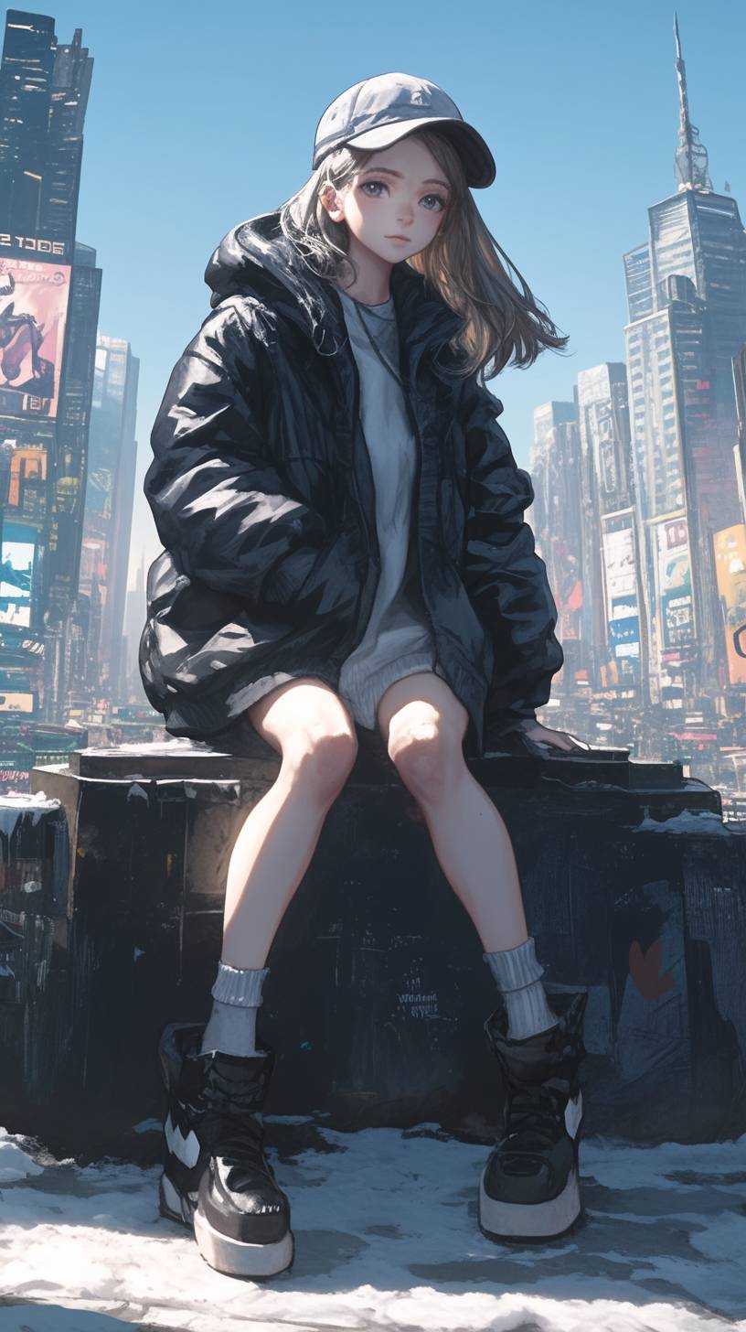 Chica anime de Nueva York con moda de alta calidad, llevando una chaqueta de cuero con jeans rasgados y zapatillas voluminosas frente a las luces de la ciudad.