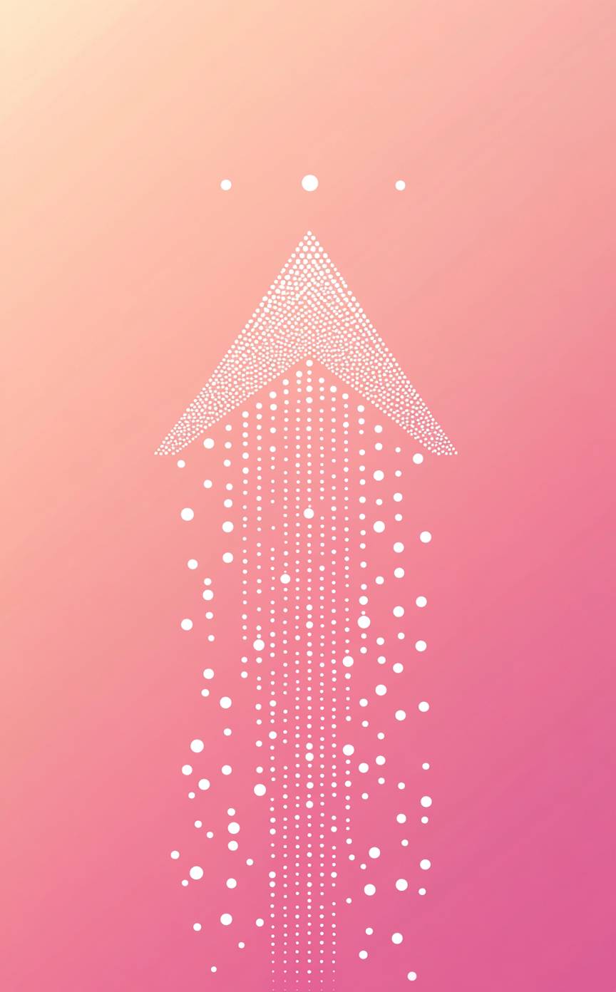 Simple vector line art of white dots on a pink background forming an upward right-pointing arrow, minimalistic design.