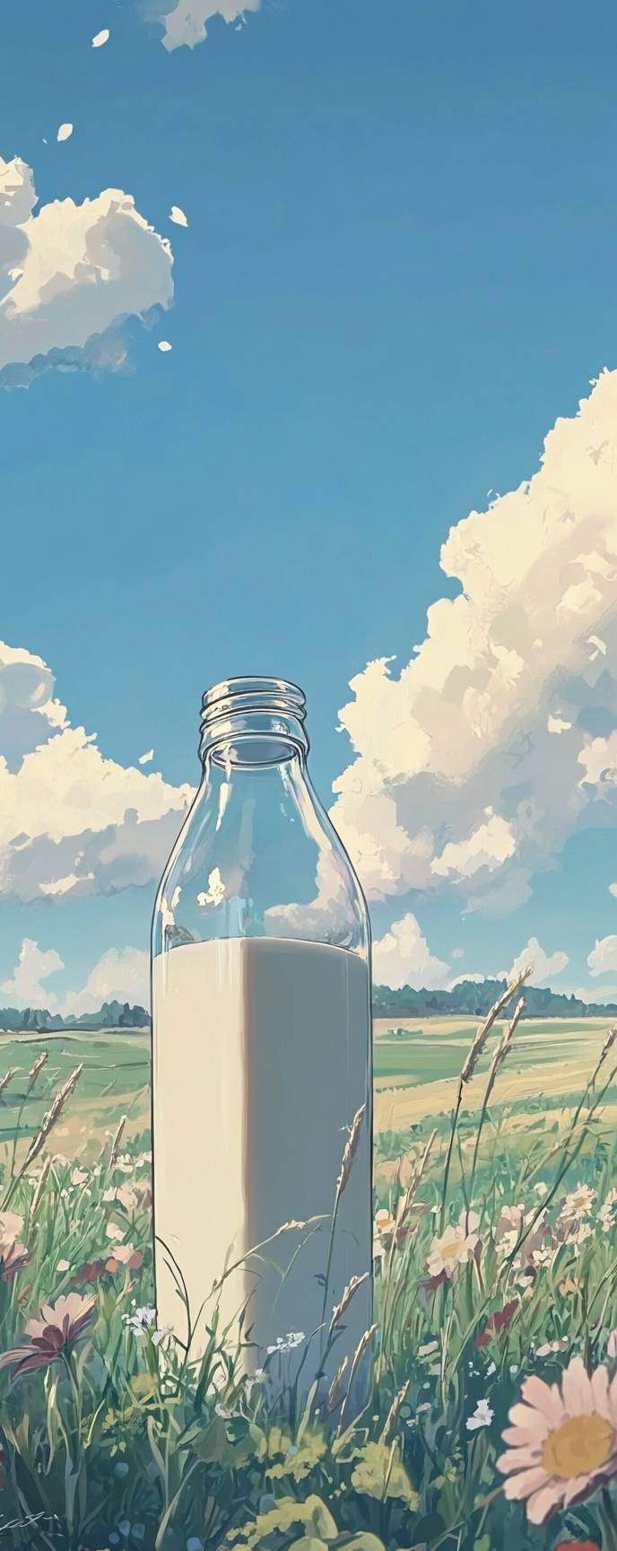 Eine künstlerische Illustration einer hohen, offenen Milchflasche, inspiriert vom Kunststil von Studio Ghibli.