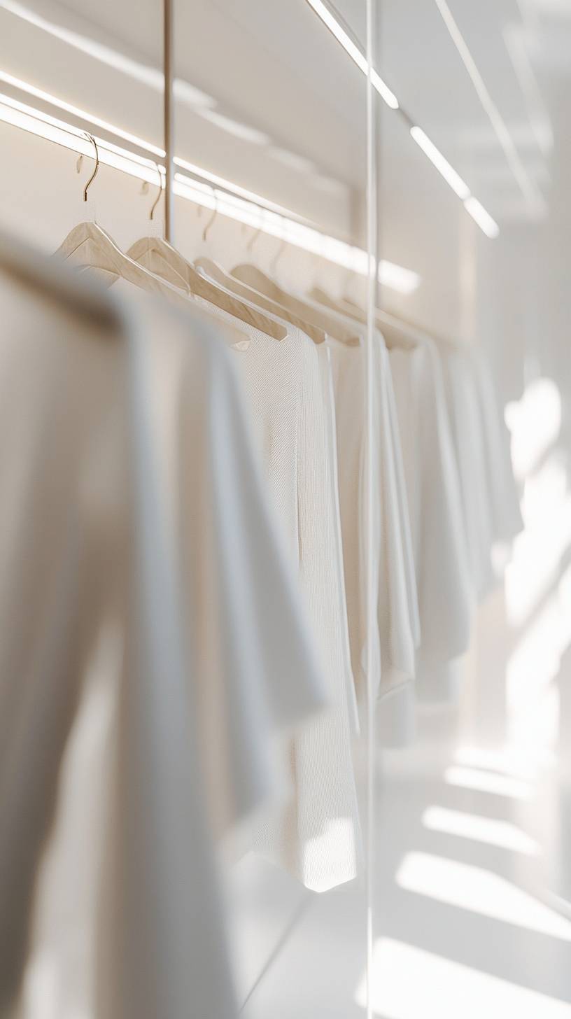 Closet estilo minimalista com cabides perfeitamente alinhados e tecidos de seda sob uma iluminação suave, em um fundo branco limpo.