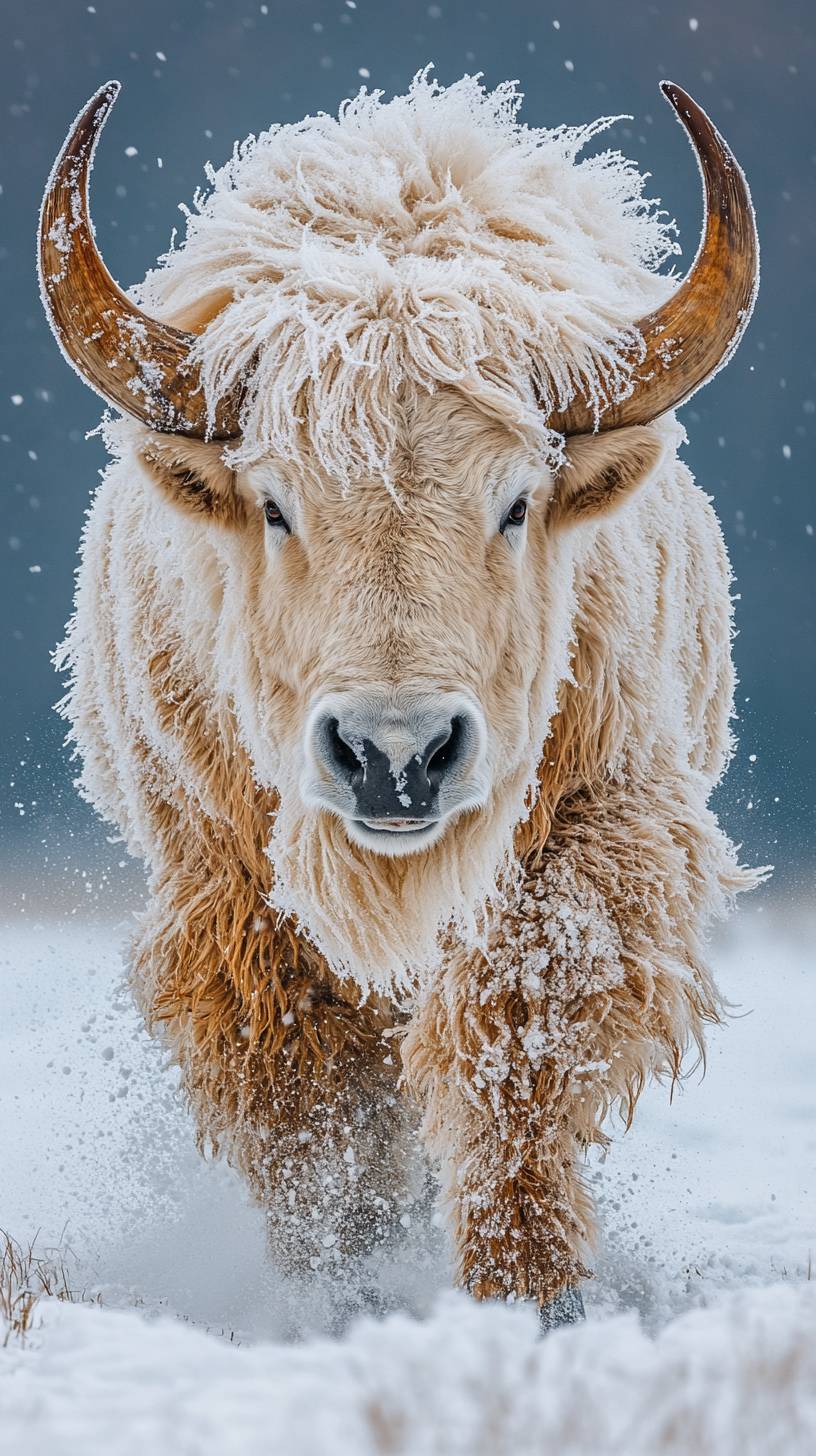 一只野生公象在雪地上向前走，流畅的鬃毛在寒冷空气中闪烁着冰冷的光芒。