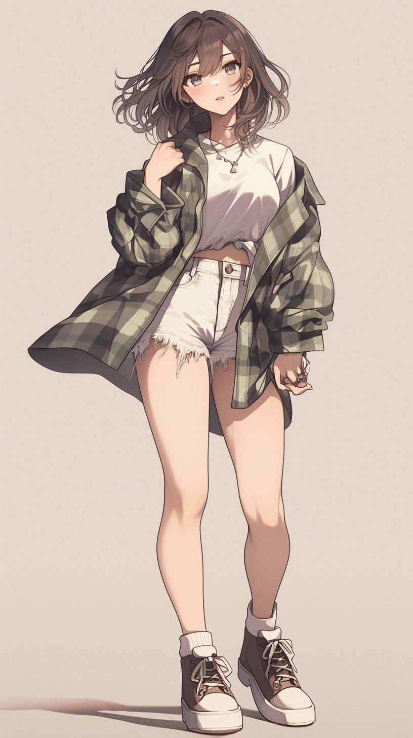 An anime-style girl wearing a flannel shirt tied around her waist, paired with white hot pants and chunky sneakers, showcasing an urban street style.