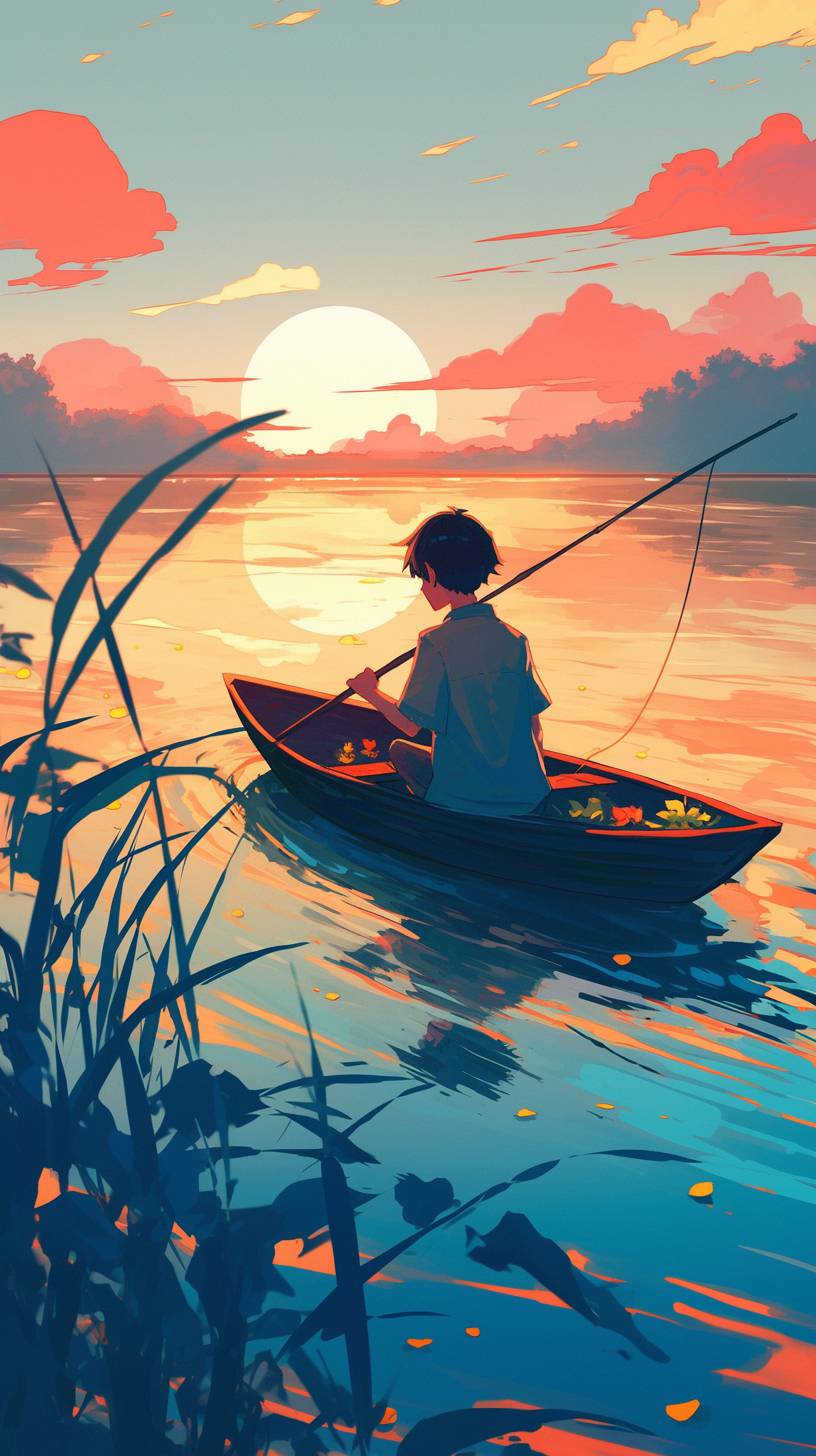 A minimalist anime boy in a small boat with sunset colors and a simple, clean background.