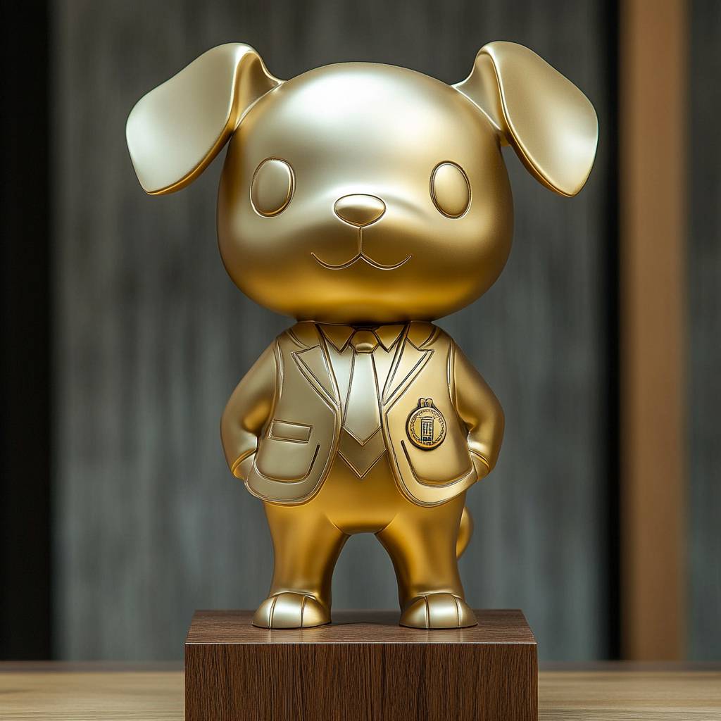 This is a meticulously designed trophy of a cute dog character in formal attire, mounted on a natural wooden base.