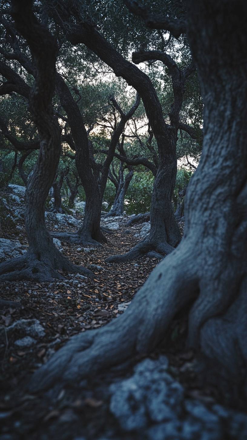 Ancient olive grove at twilight with twisted trunks and Mediterranean atmosphere.