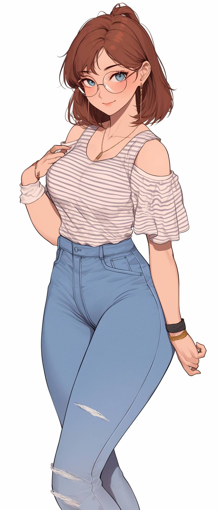 Personnage féminin d'anime portant un débardeur rayé et un jean slim, look de streetwear moderne, tenue casual épurée et stylée.