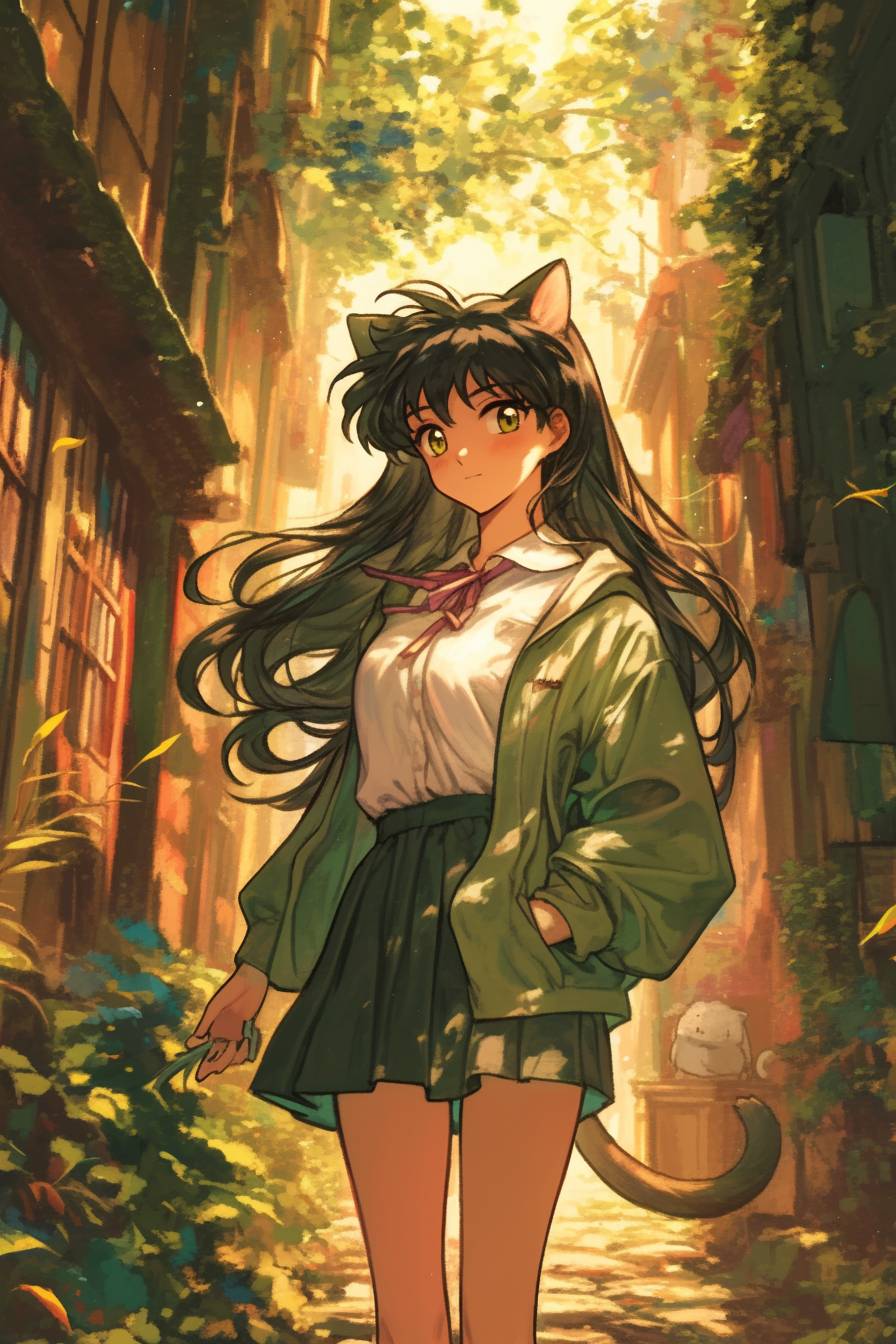 Kagome Higurashi de Inuyasha con un atuendo casual pero tradicional, falda verde, blusa blanca, cinta roja, caminando por un templo con una expresión serena.