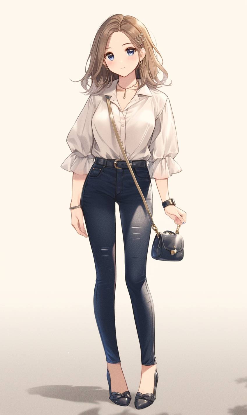 Anime girl showcases a classic chic look with a white blouse, distressed jeans, and ballet flats, balancing casual and refined styles.