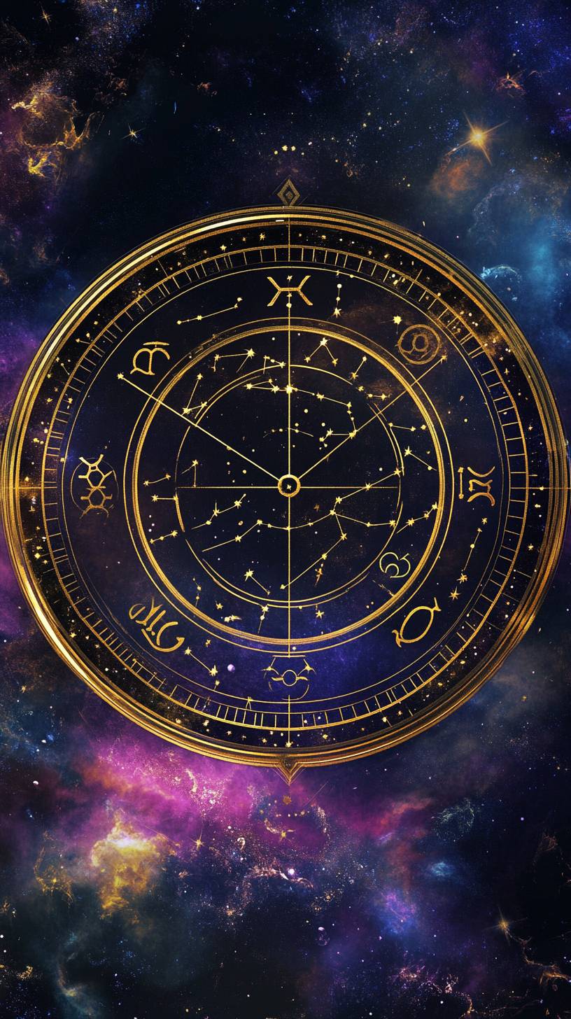 Un círculo de 12 signos zodiacales interconectados por líneas doradas, con un cielo lleno de nebulosas que crea una atmósfera cósmica y mística.