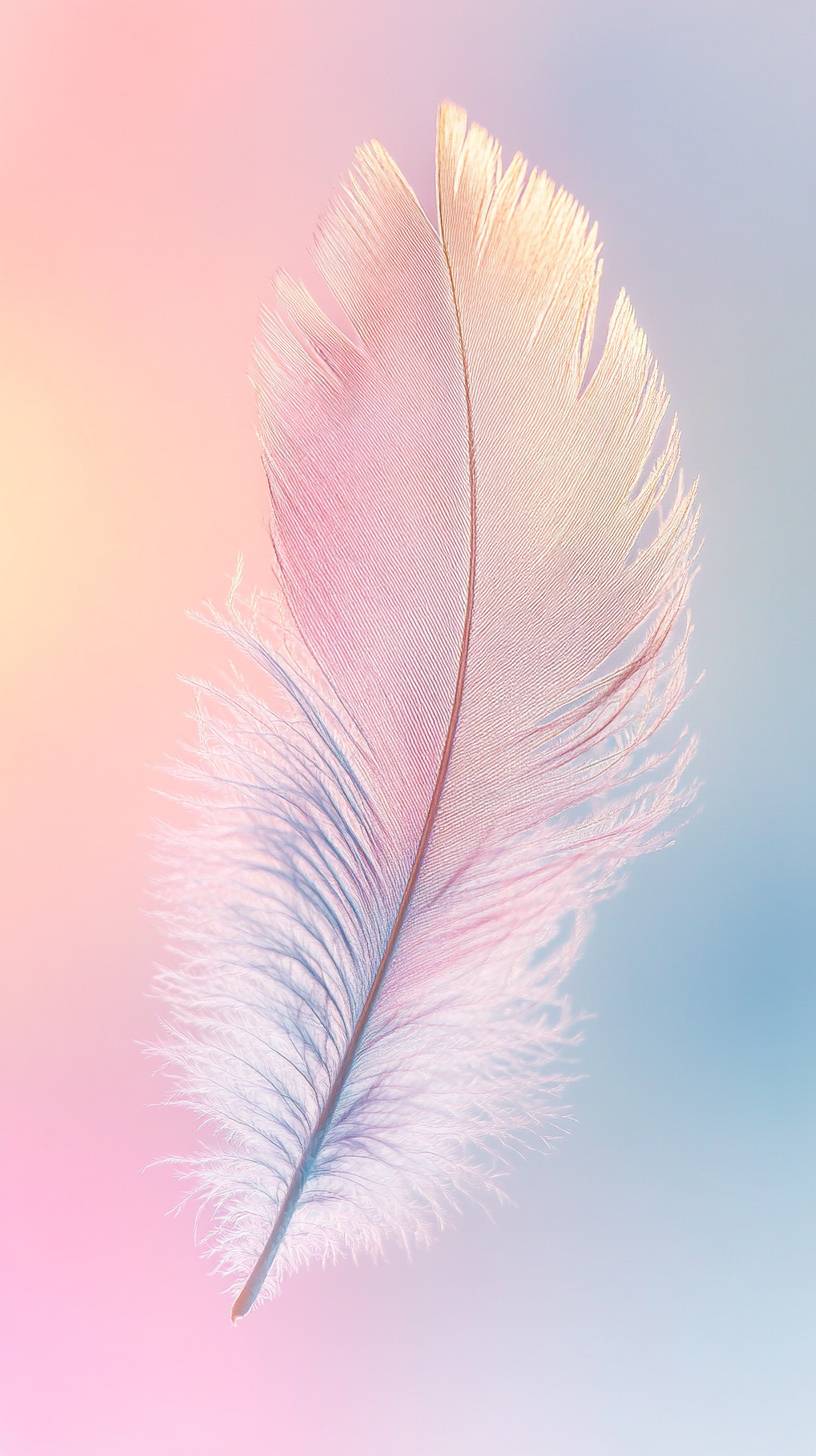 A light feather floats against a soft gradient background in pastel colors, creating an ethereal atmosphere.