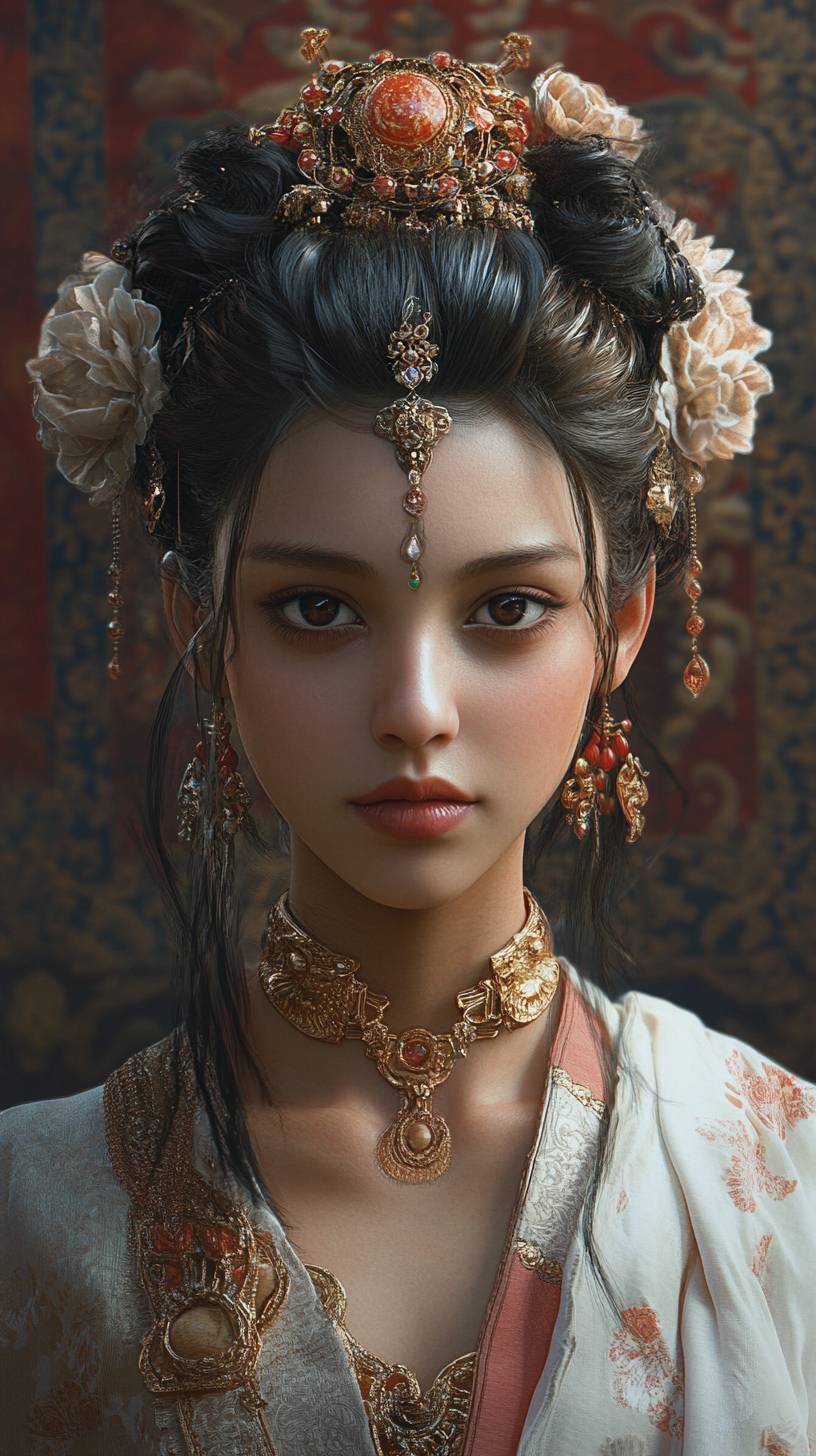 Uma obra de arte digital que retrata uma mulher adornada com elaboradas decorações de cabelo e vestida com traje tradicional, contra um fundo elegante.