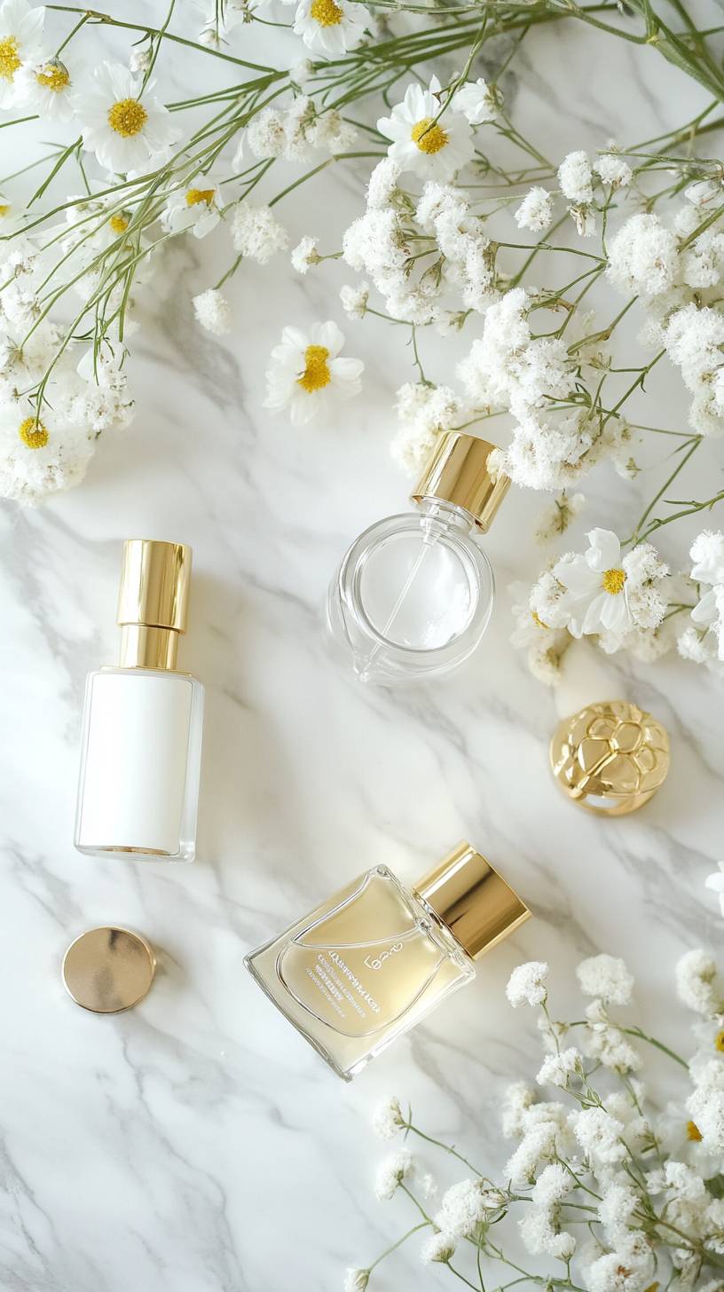 Luxury skincare products displayed on a marble surface with fresh flowers, gold accessories, and perfume bottles in soft focus photography.