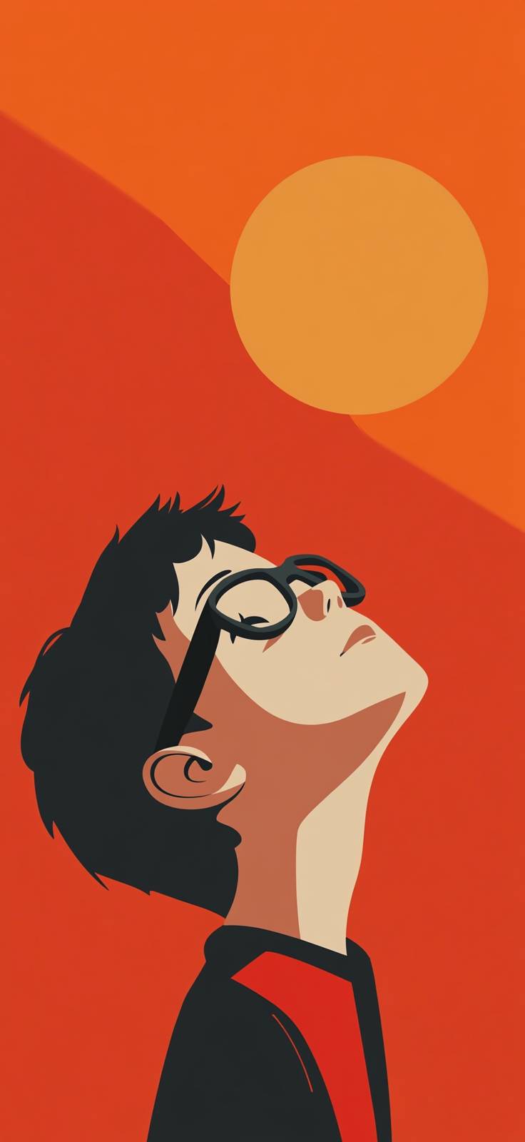 A boy with glasses gazes at the sky with a cute and mischievous expression.