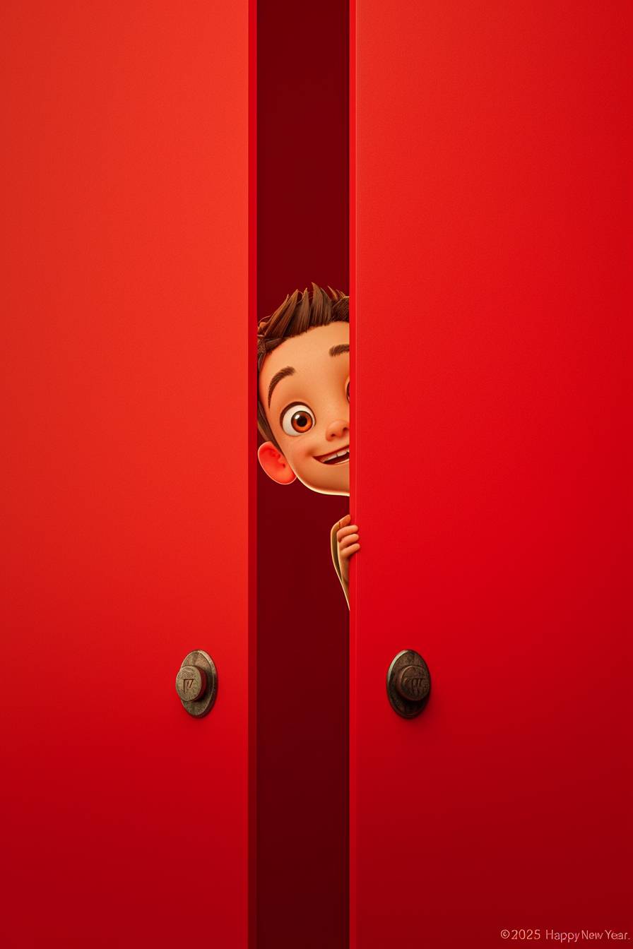 A cute boy peeks from behind a red door, expressing joy, with the text 'Happy New Year 2025.'