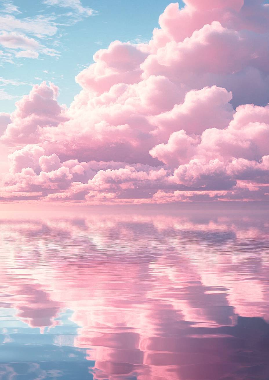 Nubes rosa suaves reflejadas en un lago sereno, creando una atmósfera pacífica y un atardecer tranquilo.