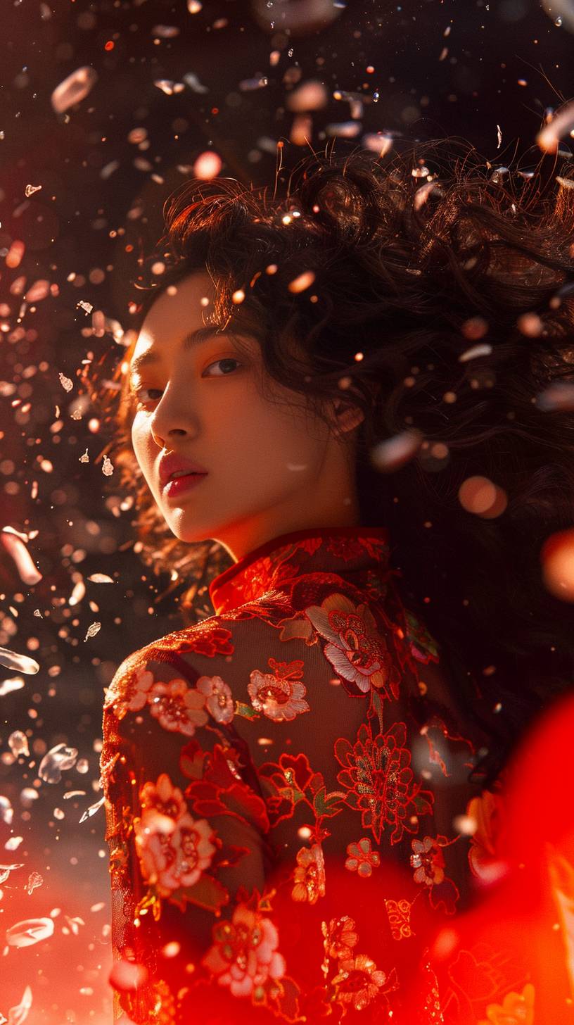 Un jeune modèle en robe chinoise pose paisiblement sous une lumière divine, mettant en valeur la beauté féminine.