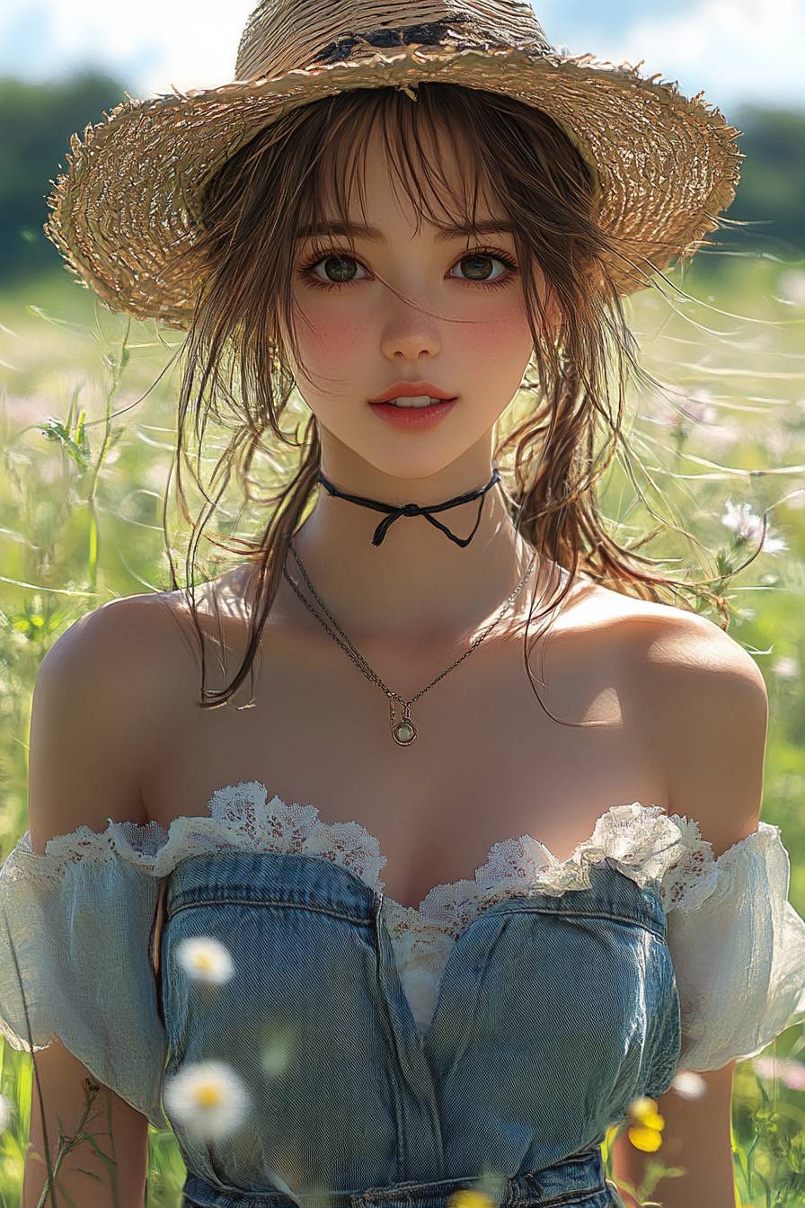 Anime girl in hyperrealistic summer outfit with trendy off-shoulder top, denim skirt, comfortable sandals, and chic straw bag against sunlit outdoor background.