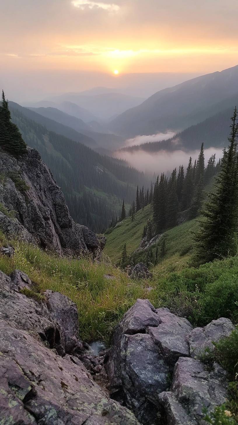 Cresta de montanha ao amanhecer com uma paisagem majestosa e vales enevoados.