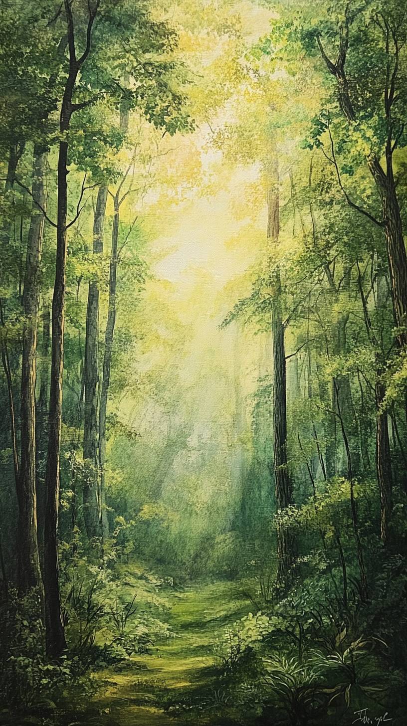 A lush forest scene with sunlight filtering through the canopy, creating a peaceful atmosphere on the forest floor.