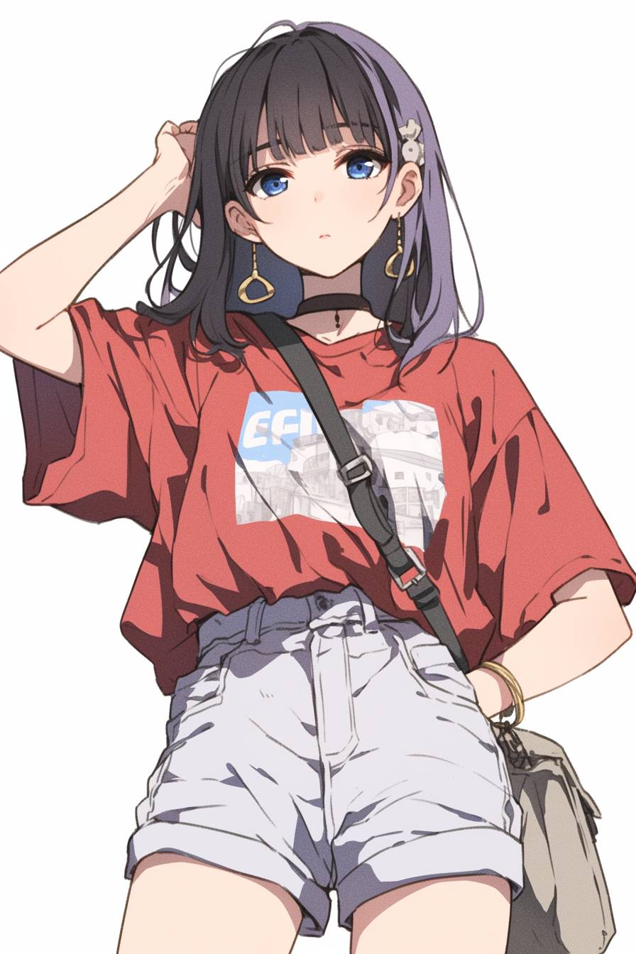 Mikako Satsukitane trägt ein weißes T-Shirt und rote Shorts, während sie mit einem Eis in der Hand auf einer sonnigen Straße geht.