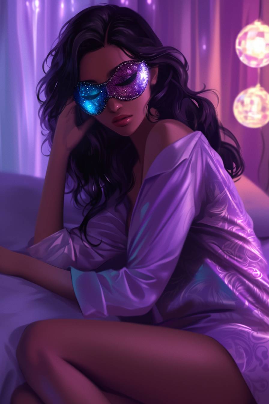 Une fille porte un pyjama à imprimé baroque de Versace avec un masque de sommeil de designer, affichant le style de Dua Lipa.