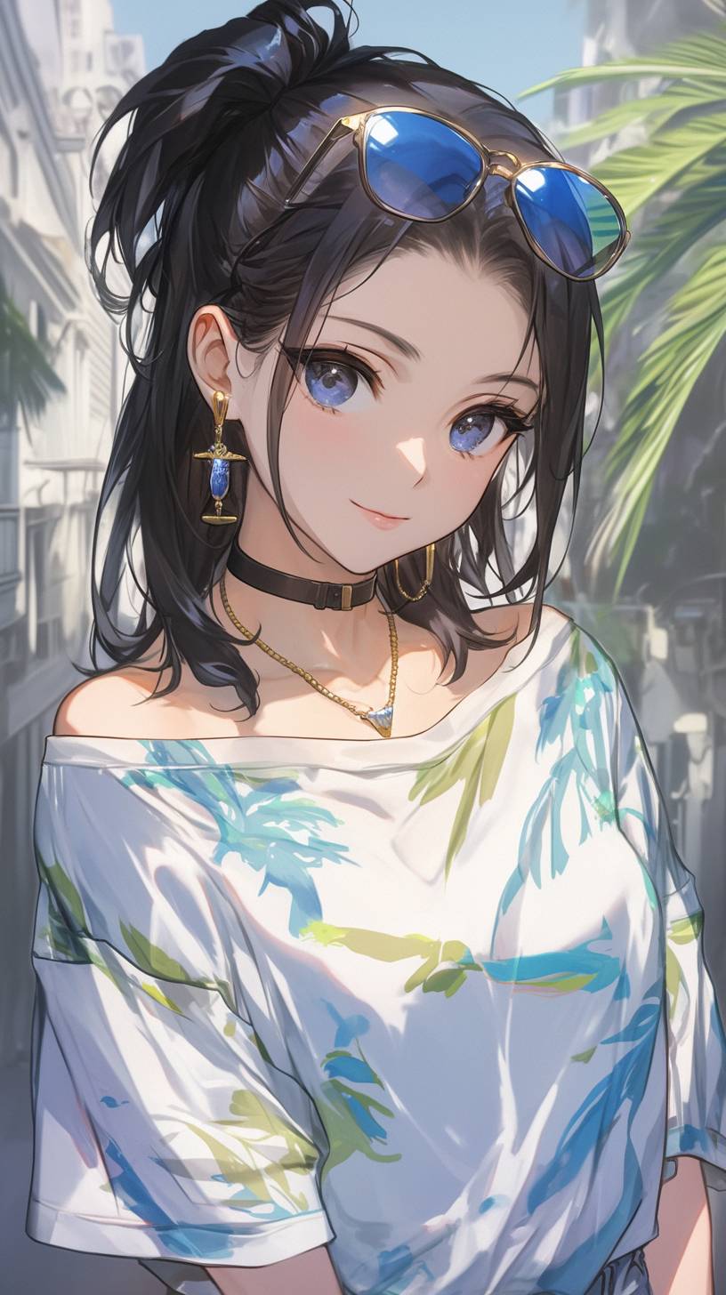 Thai anime girl showcases street fashion in a tropical print dress and gladiator sandals.