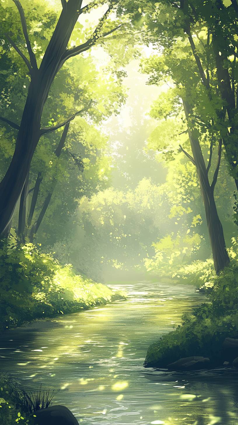 A calm river flowing gently through a forest, with soft sunlight filtering through the trees, creating a peaceful scene.