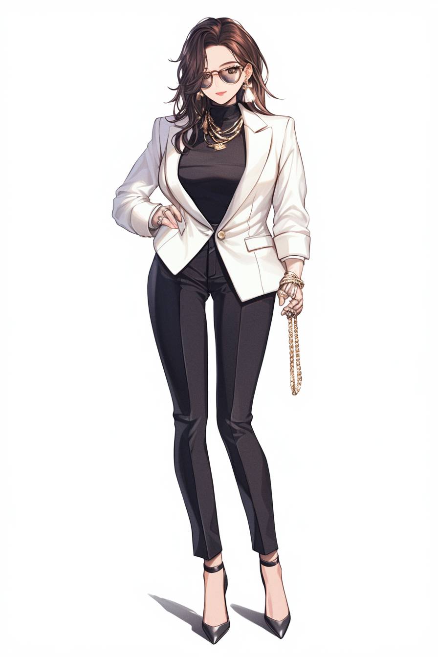 Un personaje de anime canaliza el glamour de Kim Kardashian con un blazer blanco sobre un suéter negro, jeans ajustados y tacones.