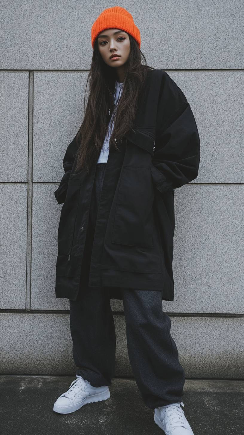 Uma mulher japonesa exibe estilo streetwear com uma jaqueta preta oversized, calças cinzas escuras, tênis brancos e um gorro laranja.